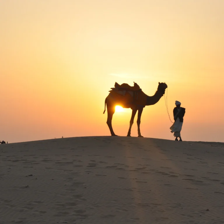 Individual leading a camel through the desert, illustrating the need for medical emergency flights from remote and deserted locations.