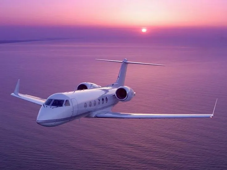 Private jet flying during a vibrant velvet sunset, symbolizing luxury travel.