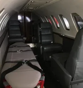 Private jet prepared for medical evacuation and emergency transport.