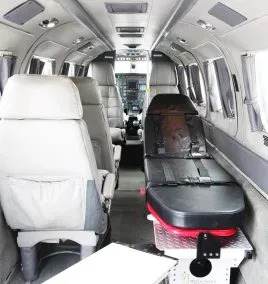 Private jet prepared for medical evacuation and emergency transport.